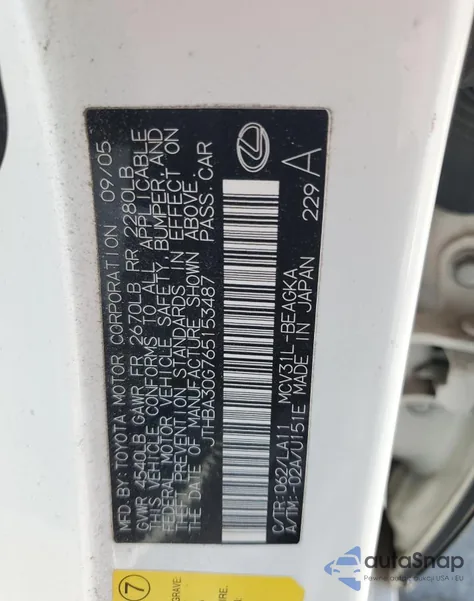 2006 Lexus Es 330 из США, поврежденный, VIN JTHBA30G765153487